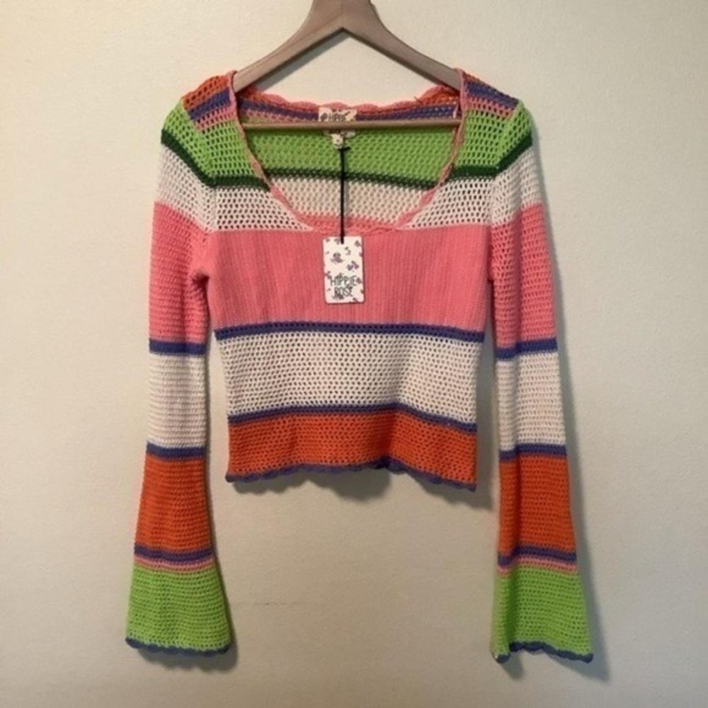 Hippie Rose Crochet Striped Bell Sleeve Cropped Sweater Top M
